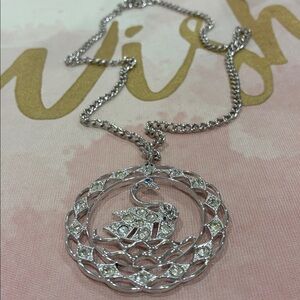 Elegant Silver Tone Rhinestones Circled Swan Pendant Necklace